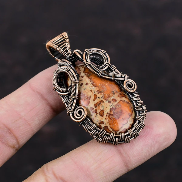Asteroid Jasper Oval Red Handmade Copper Wire Wrapped Pendant