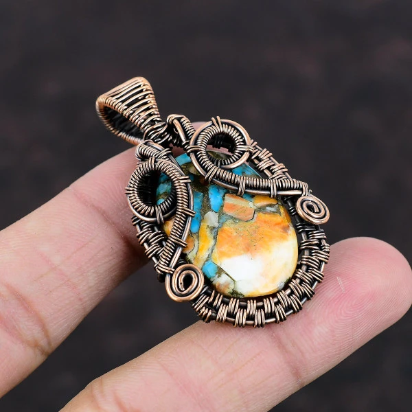 Spiny Oyster Copper Turquoise Oval Orange Handmade Copper Wire Wrapped Pendant
