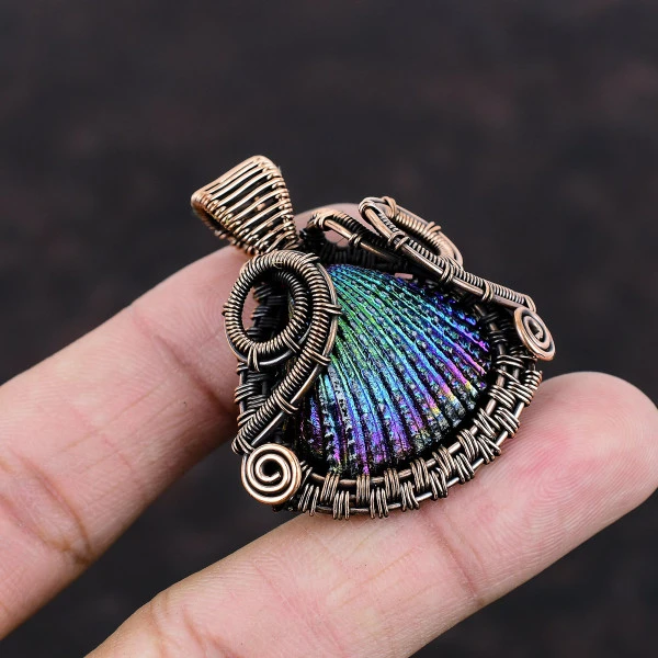 Titanium Coated Shell Pear Blue Handmade Copper Wire Wrapped Pendant