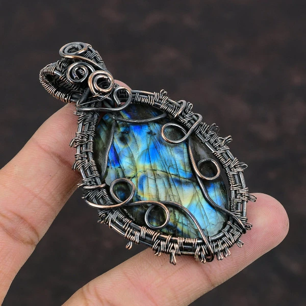 Labradorite Oval Blue Handmade Copper Wire Wrapped Pendant