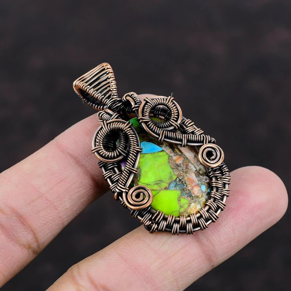 Fiesta Kingman Turquoise Oval Green Handmade Copper Wire Wrapped Pendant