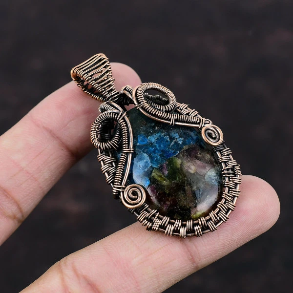 Watermelon Tourmaline Oval Blue Handmade Copper Wire Wrapped Pendant