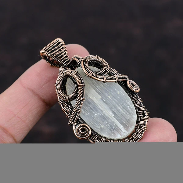 Selenite Druzy Oval White Handmade Copper Wire Wrapped Pendant