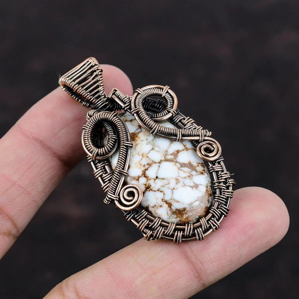 Wild Horse Magnesite Oval White Handmade Copper Wire Wrapped Pendant