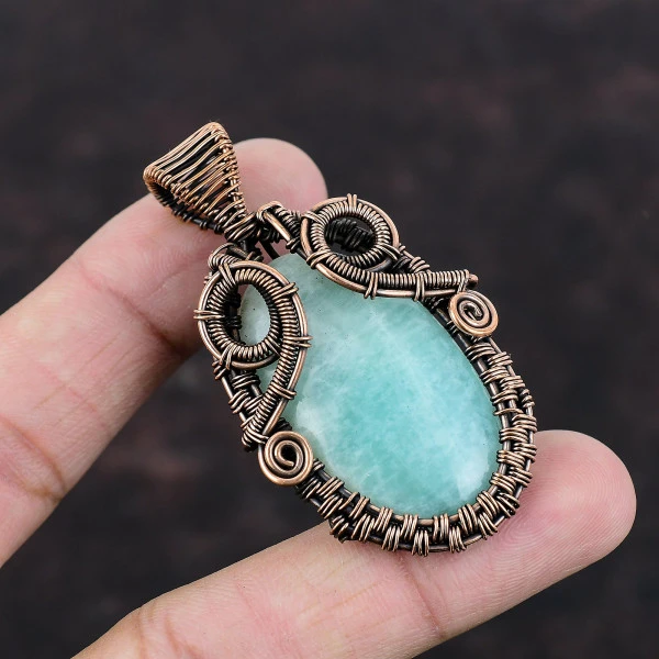 Amazonite Oval Green Handmade Copper Wire Wrapped Pendant