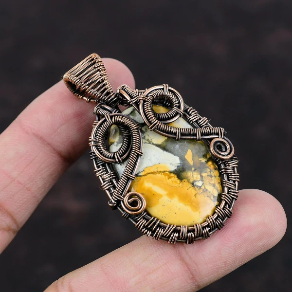 Maligano Jasper Oval Yellow Handmade Copper Wire Wrapped Pendant