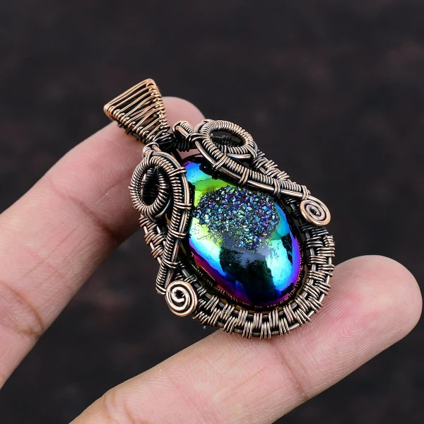 Titanium Druzy Oval Green Handmade Copper Wire Wrapped Pendant