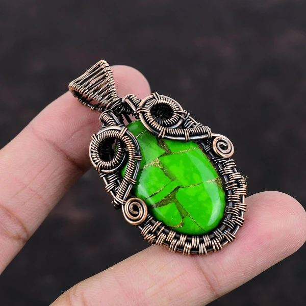 Copper Green Turquoise Oval Green Handmade Copper Wire Wrapped Pendant