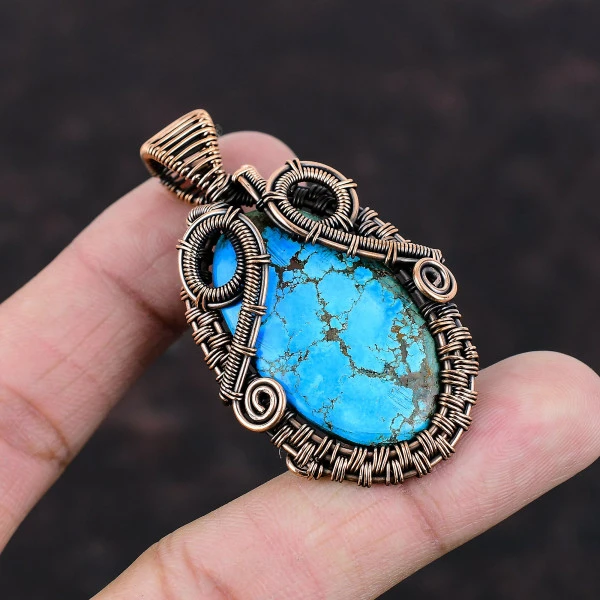 Tibetan Turquoise Oval Blue Handmade Copper Wire Wrapped Pendant