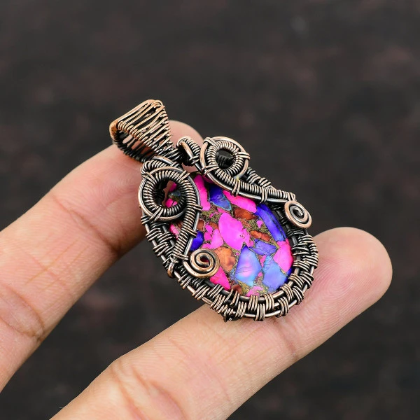 Natural Kingman Pink Dahlia Turquoise Oval Pink Handmade Copper Wire Wrapped Pendant