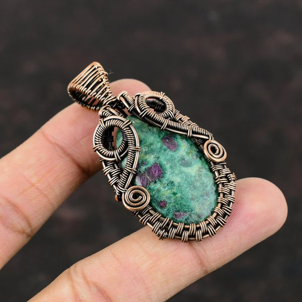 Ruby Fuchsite Oval Green Handmade Copper Wire Wrapped Pendant