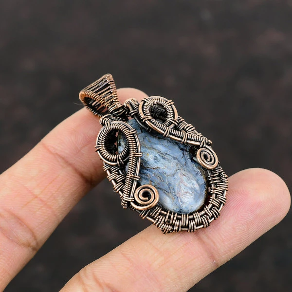 Pietersite Oval Gray Handmade Copper Wire Wrapped Pendant