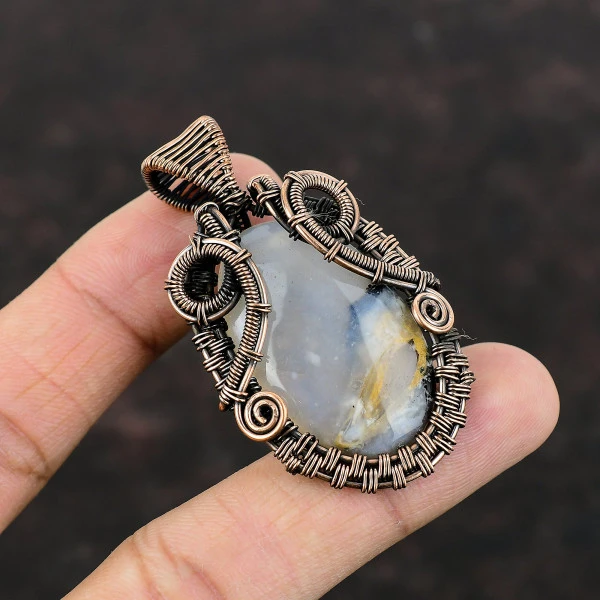 Plume Agate Oval Yellow Handmade Copper Wire Wrapped Pendant