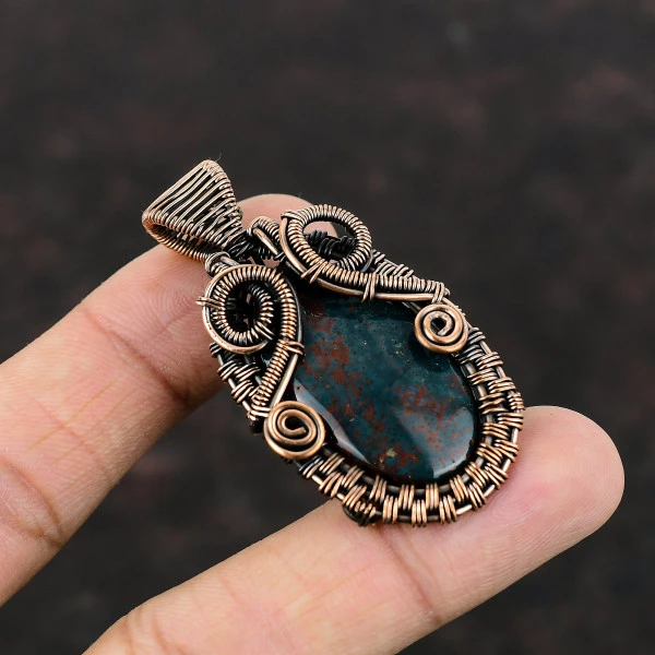 Bloodstone Oval Green Handmade Copper Wire Wrapped Pendant