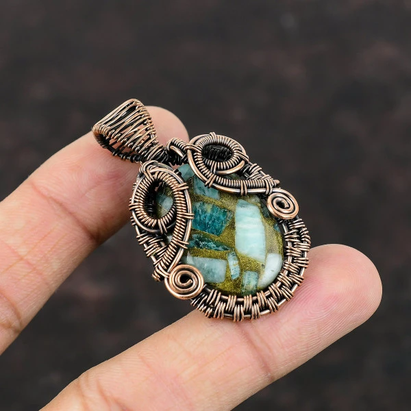 Copper Amazonite Oval Blue Handmade Copper Wire Wrapped Pendant