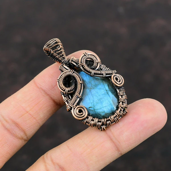Labradorite Oval Blue Handmade Copper Wire Wrapped Pendant