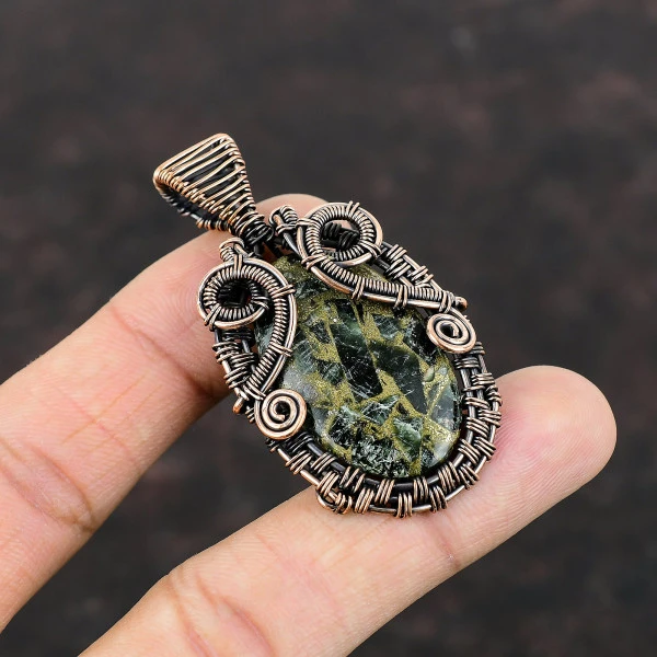 Copper Seraphinite Oval Green Handmade Copper Wire Wrapped Pendant