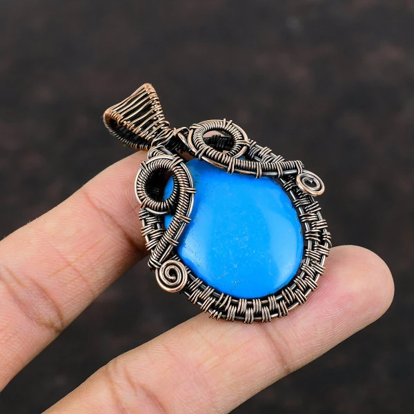 Sleeping Beauty Turquoise Oval Blue Handmade Copper Wire Wrapped Pendant