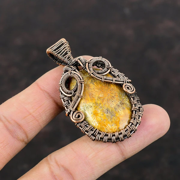 Fossil Coral Oval Yellow Handmade Copper Wire Wrapped Pendant