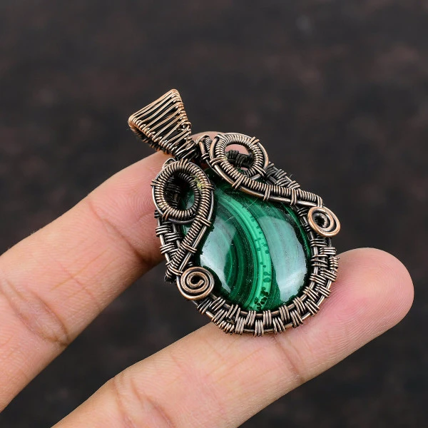 Malachite Oval Green Handmade Copper Wire Wrapped Pendant