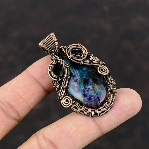 Mystic Fire Labradorite Oval Pink Handmade Copper Wire Wrapped Pendant