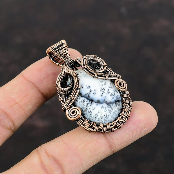 Dendrite Opal Oval White Handmade Copper Wire Wrapped Pendant