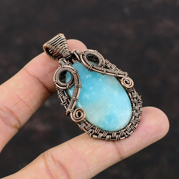 Hemimorphite Oval Blue Handmade Copper Wire Wrapped Pendant