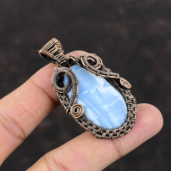 Owyhee Blue Opal Oval Blue Handmade Copper Wire Wrapped Pendant