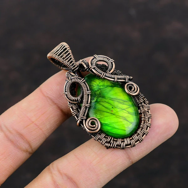 Green Fire Labradorite Oval Green Handmade Copper Wire Wrapped Pendant