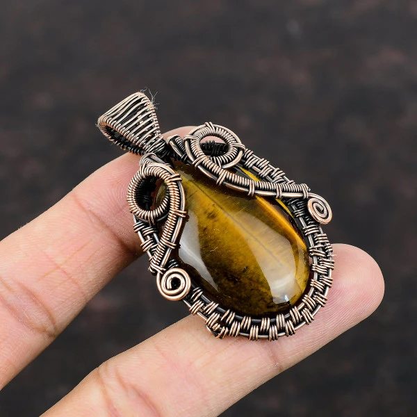 Tiger's Eye Oval Brown Handmade Copper Wire Wrapped Pendant