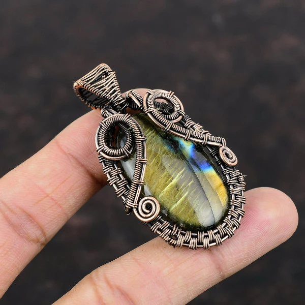 Labradorite Oval Gray Handmade Copper Wire Wrapped Pendant