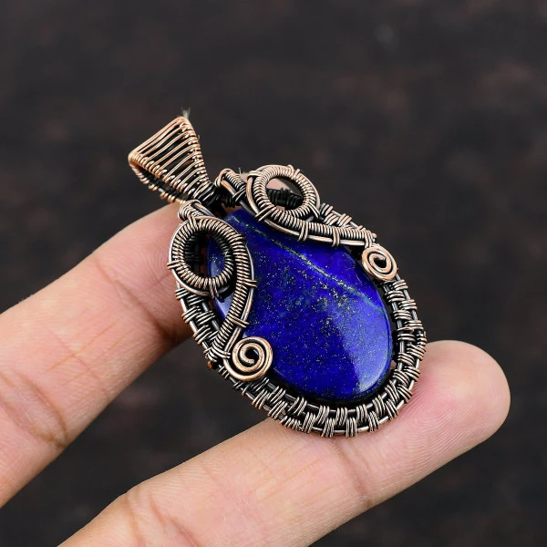 Lapis Lazuli Oval Blue Handmade Copper Wire Wrapped Pendant