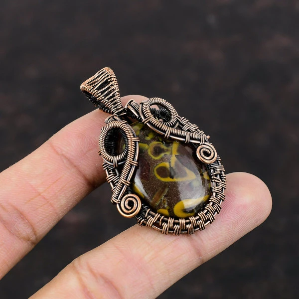 Fruit Jasper Oval Brown Handmade Copper Wire Wrapped Pendant