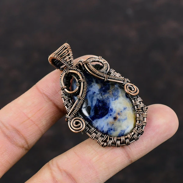 Sodalite Oval Blue Handmade Copper Wire Wrapped Pendant