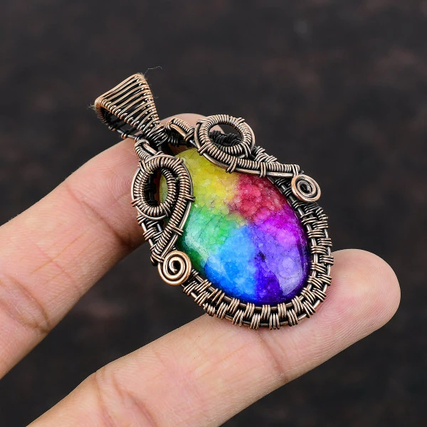 Rainbow Solar Quartz Druzy Oval Purple Handmade Copper Wire Wrapped Pendant