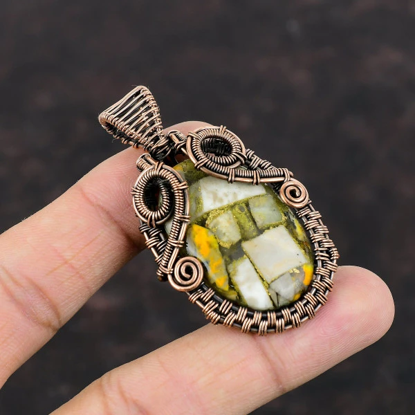 Copper Bumble Bee Jasper Oval Yellow Handmade Copper Wire Wrapped Pendant