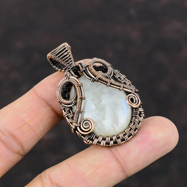 Rainbow Moonstone Oval White Handmade Copper Wire Wrapped Pendant