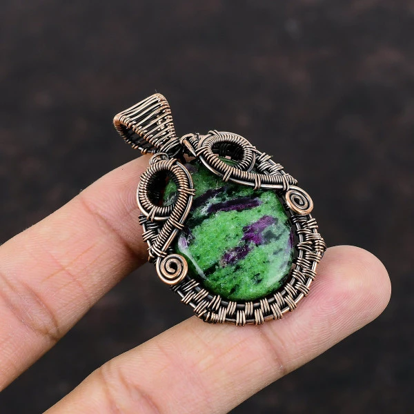 Ruby Zoisite Oval Green Handmade Copper Wire Wrapped Pendant