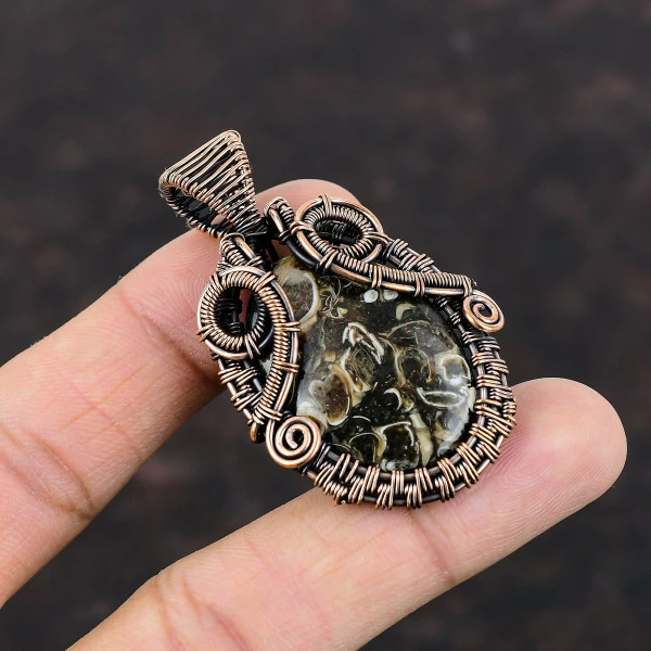 Turritella Agate Oval Brown Handmade Copper Wire Wrapped Pendant