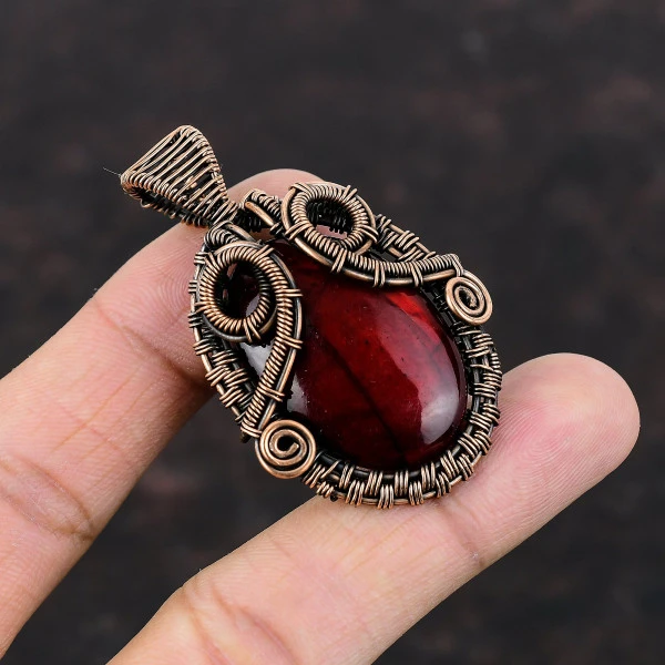 Red Fire Labradorite Oval Red Handmade Copper Wire Wrapped Pendant