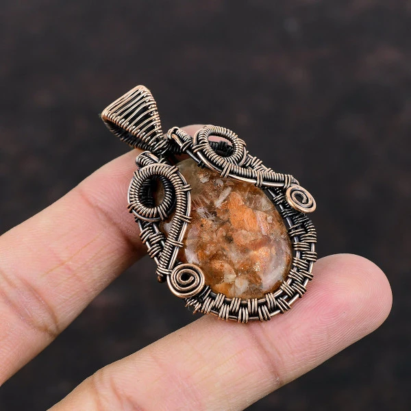 Sunstone Oval Orange Handmade Copper Wire Wrapped Pendant