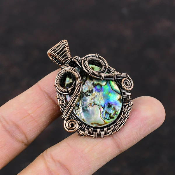 Abalone Shell Oval Green Handmade Copper Wire Wrapped Pendant