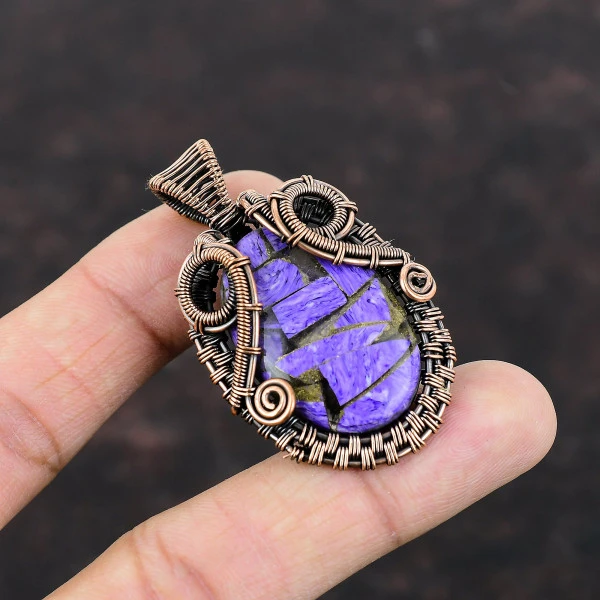 Copper Charoite Oval Purple Handmade Copper Wire Wrapped Pendant