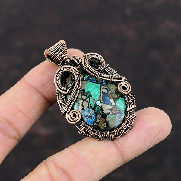 Copper Azurite Malachite Oval Green Handmade Copper Wire Wrapped Pendant
