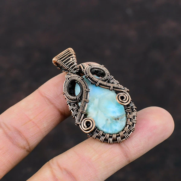 Larimar Oval Blue Handmade Copper Wire Wrapped Pendant