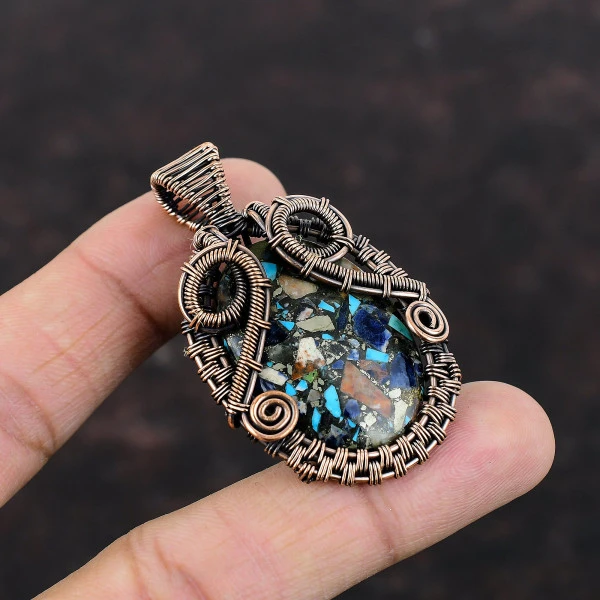 Copper Multi Turquoise Oval Blue Handmade Copper Wire Wrapped Pendant