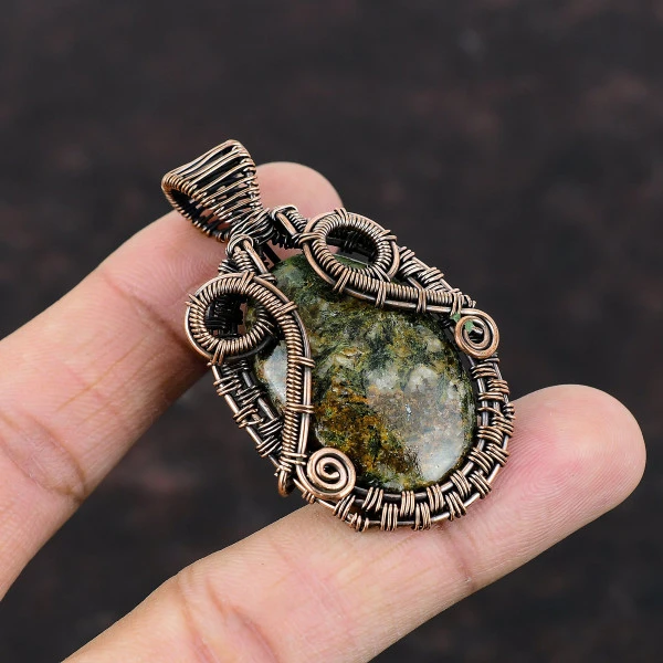 Spessartine Garnet in Limestone Oval Green Handmade Copper Wire Wrapped Pendant