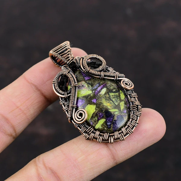 Copper Stichtite Oval Green Handmade Copper Wire Wrapped Pendant