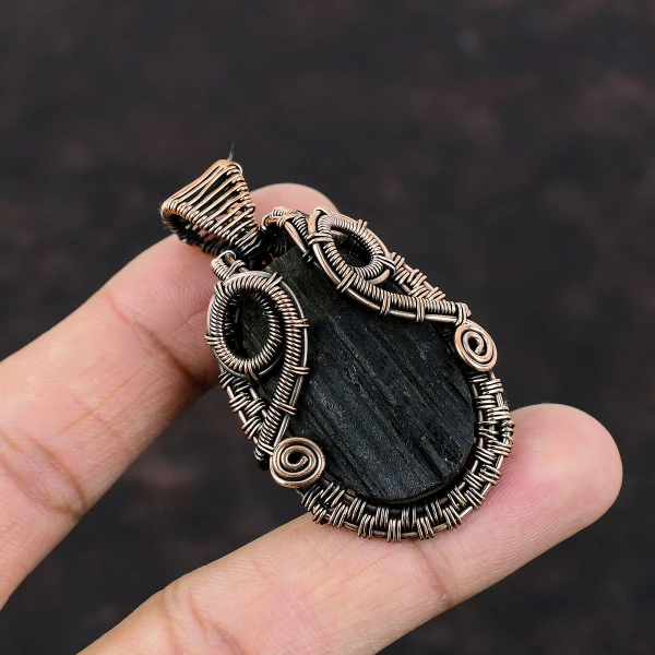 Black Tourmaline Rough Oval Black Handmade Copper Wire Wrapped Pendant