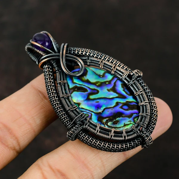 Abalone Shell Oval Blue Handmade Copper Wire Wrapped Pendant